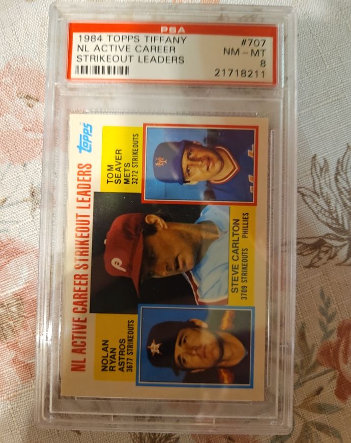 1984 Topps Tiffany #707 NL Active Career Strikeout Leaders Tom Seaver, Steve Carlton, Nolan Ryan — front