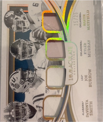 2022 Panini Immaculate Collegiate #IM2 Mayfield/Murray/Burrow/Smith Quad Patch Gold /25 — front