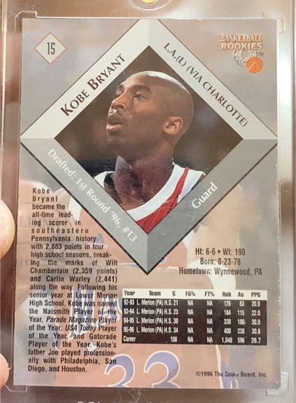 1996 Score Board Basketball Rookies #15 Kobe Bryant — front