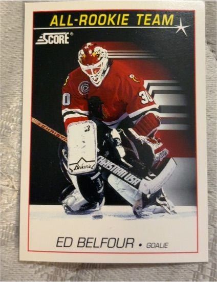1991 Score #378 Ed Belfour All Rookie Team Chicago Blackhawks — front
