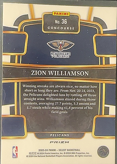 2023-24 Panini Select #36 Zion Williamson — back