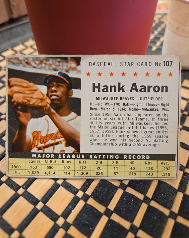 1961 Post Cereal #107 Hank Aaron — front