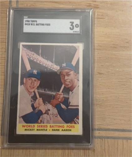 1958 Topps #418 World Series Batting Foes Mickey Mantle & Hank Aaron — front