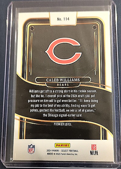 2024 Panini Select #114 Caleb Williams Premier Level Rookie Card — back