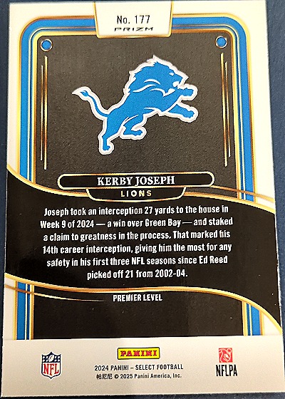 2024 Panini Select Premier Level #177 Kerby Joseph — back