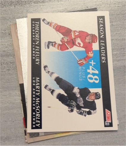 1991-92 Score #297 Theoren Fleury / Marty McSorley Season Leaders — front
