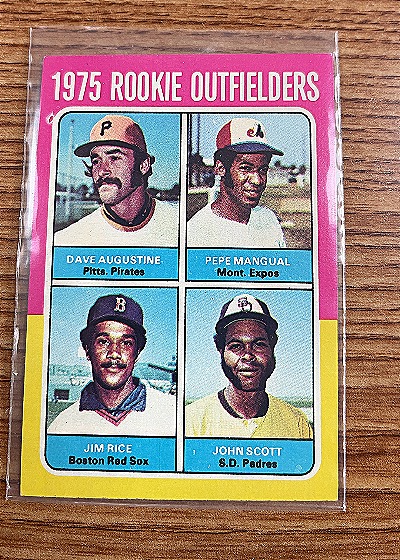 1975 Topps #616 Rookie Outfielders Dave Augustine, Pepe Mangual, Jim Rice, John Scott — front