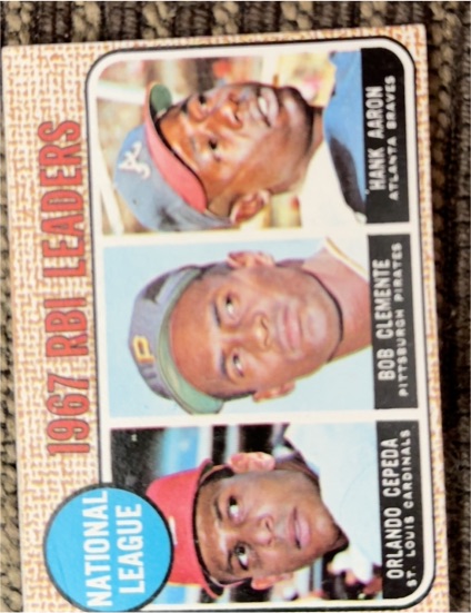 1968 Topps #3 National League 1967 RBI Leaders Hank Aaron, Roberto Clemente, Orlando Cepeda — front