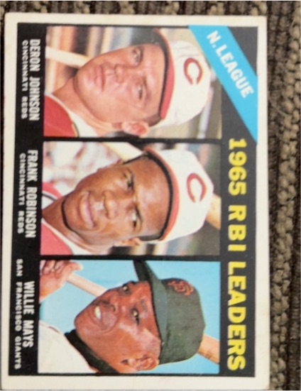 1966 Topps #219 NL RBI Leaders Deron Johnson, Frank Robinson, Willie Mays — front