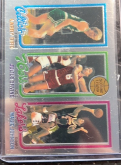 1980 Topps #213 Larry Bird, Julius Erving, Magic Johnson Scoring Leaders — front