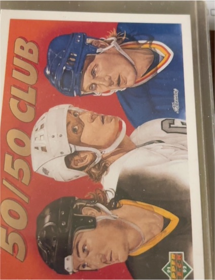 1991-92 Upper Deck #45 The 50/50 Club Mario Lemieux / Wayne Gretzky / Brett Hull — front