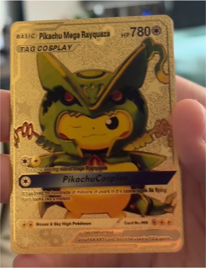 Pikachu Mega Rayquaza Tag Cosplay Gold Foil Fan Art Card #006 — front