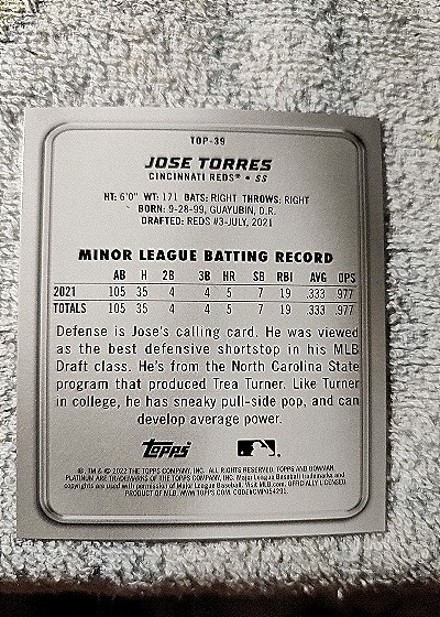 2022 Bowman Platinum #TOP-39 Jose Torres — back