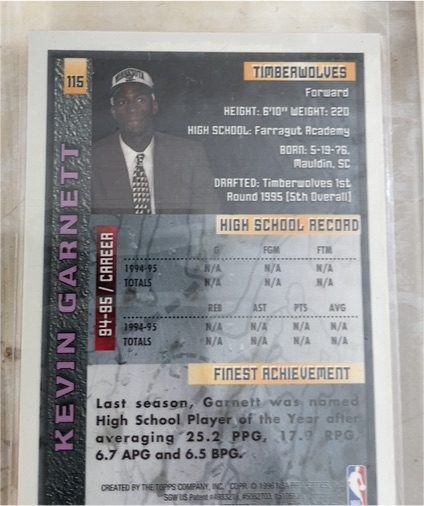 1995-96 Topps Finest #115 Kevin Garnett — front