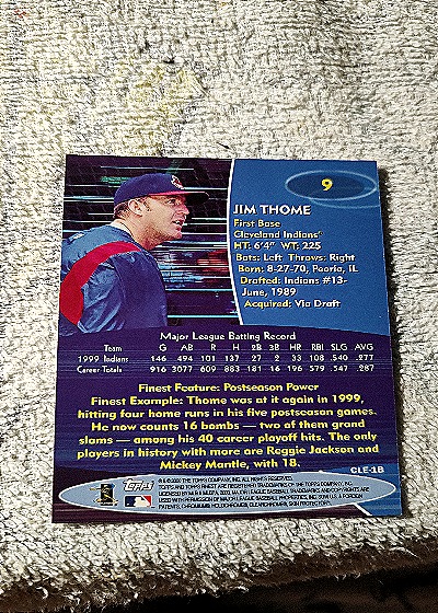 2000 Topps Finest #9 Jim Thome — back