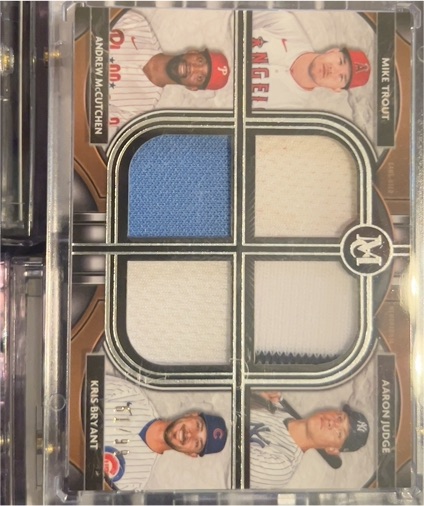 2021 Topps Museum Collection Primary Pieces Four Player Quad Relics Mike Trout/Aaron Judge/Kris Bryant/Andrew McCutchen — front