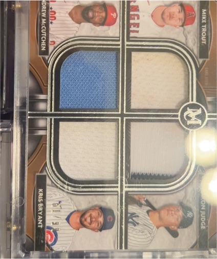 2021 Topps Museum Collection Quad Relic Mike Trout Andrew McCutchen Kris Bryant Aaron Judge — front