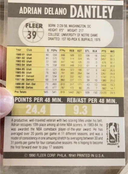 1990-91 Fleer #39 Adrian Dantley — front