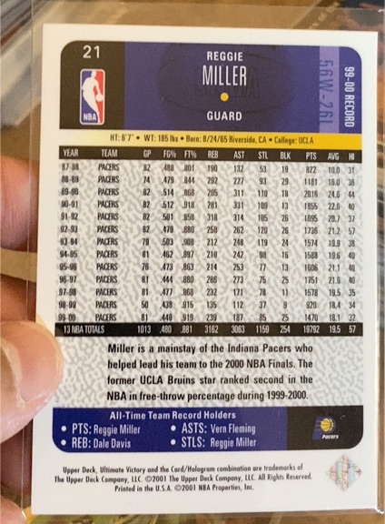2000-01 Upper Deck Victory #21 Reggie Miller — front