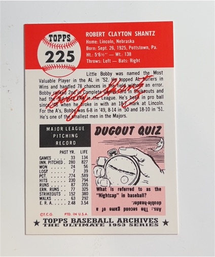 1991 Topps Archives 1953 Reprint #225 Robert Clayton Shantz — front