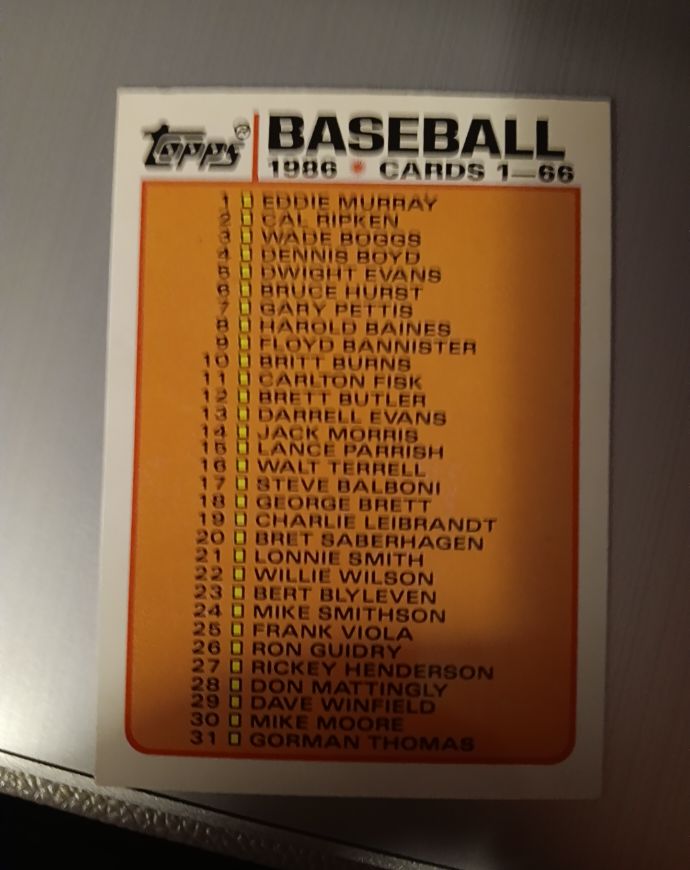 1986 Topps Baseball Checklist #1-66 — front