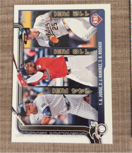 2025 Topps Series 1 #29 American League RBI Leaders Aaron Judge, Jose Ramirez, Brent Rooker — front