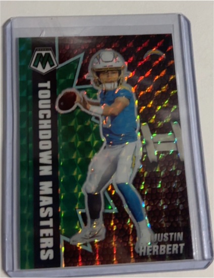 2021 Panini Mosaic #TM-16 Justin Herbert Touchdown Masters Green Mosaic Prizm — front