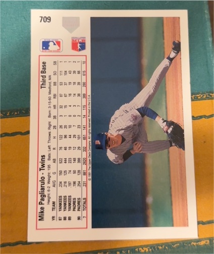 1991 Upper Deck #709 Mike Pagliarulo — front
