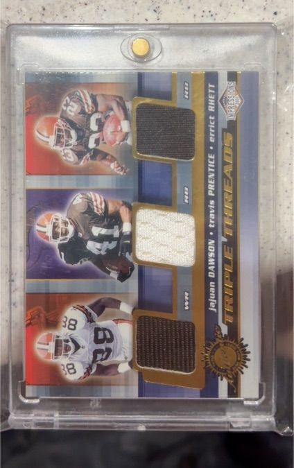 2001 Pacific Impressions Triple Threads #13 Jajuan Dawson, Travis Prentice, Errict Rhett — front