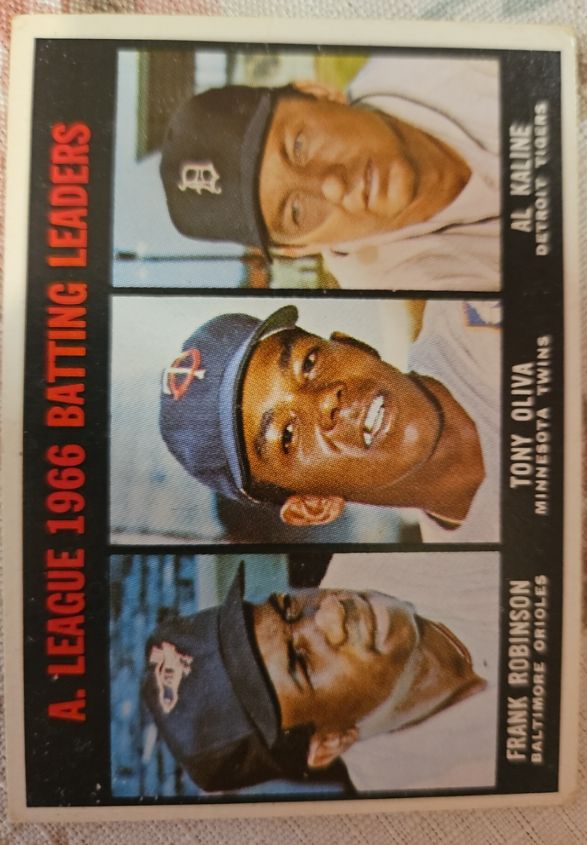 1967 Topps #239 Frank Robinson/Tony Oliva/Al Kaline AL Batting Leaders — front