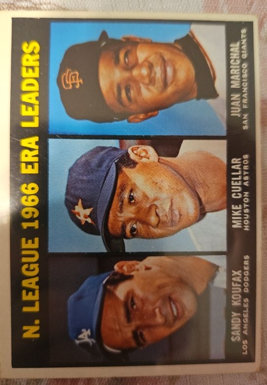 1967 Topps #234 Sandy Koufax/Mike Cuellar/Juan Marichal NL ERA Leaders — front
