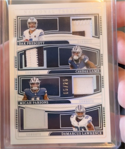 2023 Panini National Treasures Tri Patch #05/25 Dak Prescott, CeeDee Lamb, Micah Parsons, DeMarcus Lawrence — front