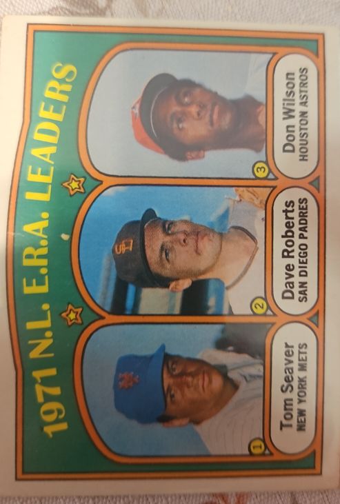 1972 Topps #91 1971 N.L. E.R.A. Leaders Tom Seaver / Dave Roberts / Don Wilson — front