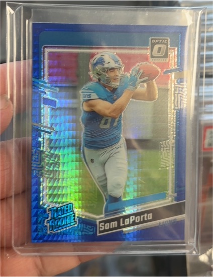 2023 Donruss Optic #237 Sam LaPorta Blue Hyper Prizm Rated Rookie — front