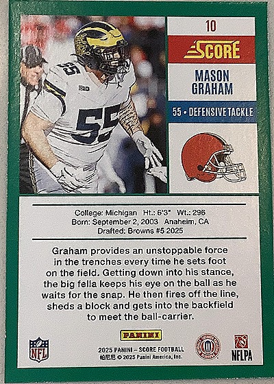 2025 Panini Score #10 Mason Graham — back