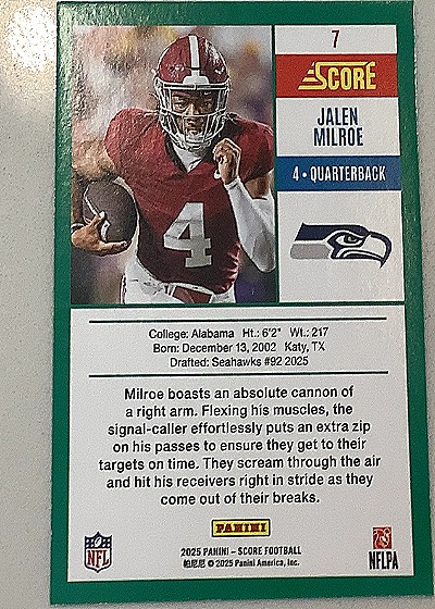 2025 Panini Score #7 Jalen Milroe — back