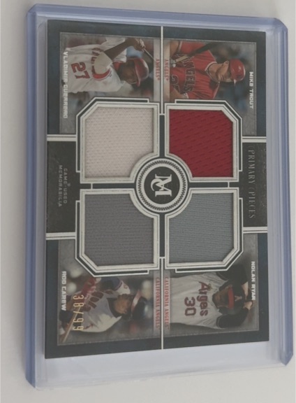 2019 Topps Museum Collection Primary Pieces Quad Relic Mike Trout/Vladimir Guerrero/Rod Carew/Nolan Ryan #FPR-BSBM — front