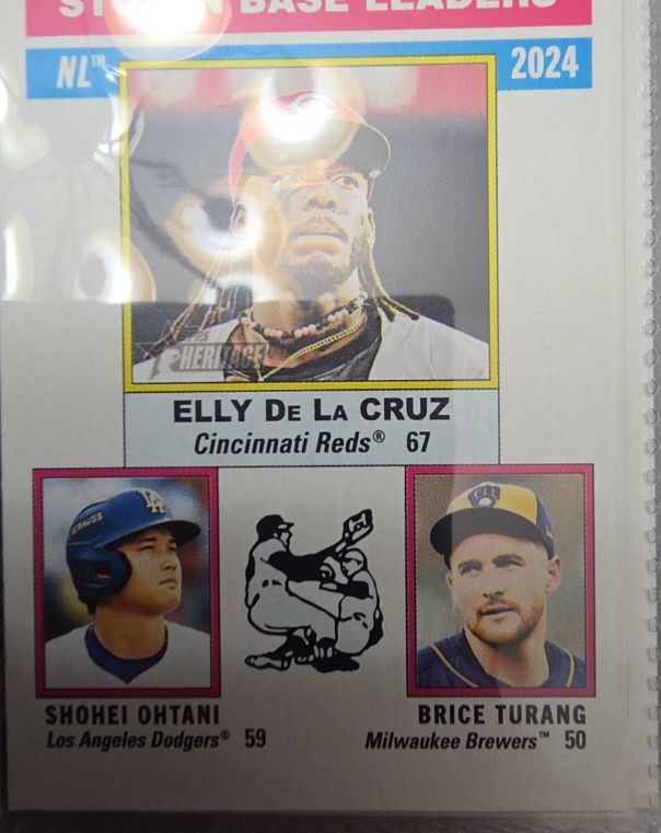 2025 Topps Heritage #197 NL Stolen Base Leaders Elly De La Cruz / Shohei Ohtani / Brice Turang — front