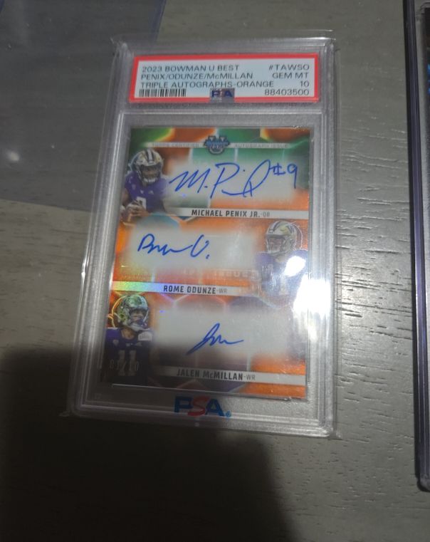 2023 Bowman U Best #TAW60 Michael Penix Jr./Rome Odunze/Jalen McMillan Triple Autographs Orange — front