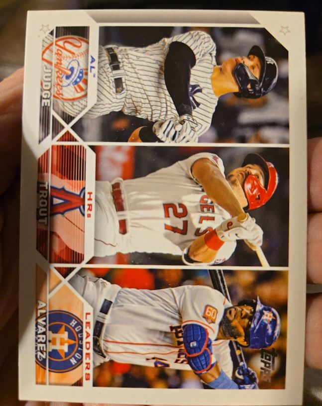 2023 Topps #246 AL Home Run Leaders Aaron Judge / Mike Trout / Yordan Alvarez — front