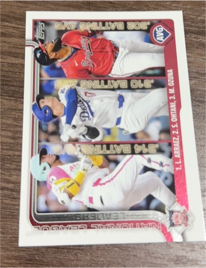 2025 Topps #347 National League Leaders AVG Luis Arraez / Shohei Ohtani / Marcell Ozuna — front