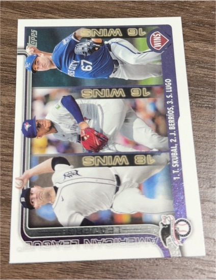 2025 Topps Series 1 #151 American League Leaders Wins Tarik Skubal / José Berríos / Seth Lugo — front