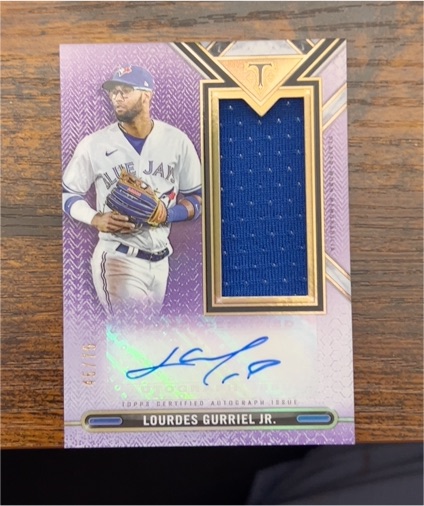 2021 Topps Triple Threads Single Jumbo Relics Amethyst #ASJR-LG Lourdes Gurriel Jr. — front