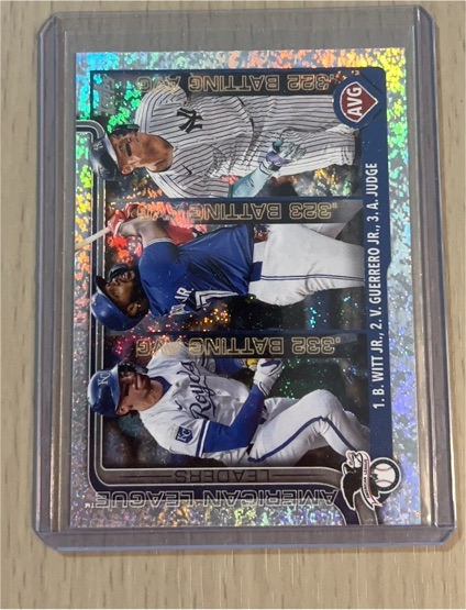 2025 Topps Series 1 #345 American League Batting Average Leaders Bobby Witt Jr., Vladimir Guerrero Jr., Aaron Judge — front