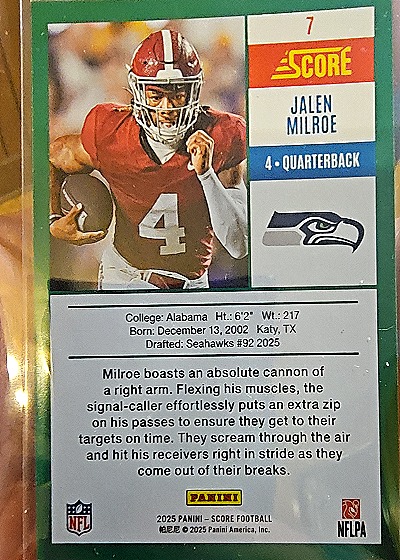 2025 Panini Score #7 Jalen Milroe — front