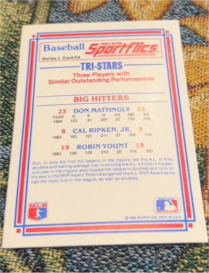 1986 Sportflics Series 1 #54 Tri-Stars Don Mattingly Cal Ripken Jr. Robin Yount — front