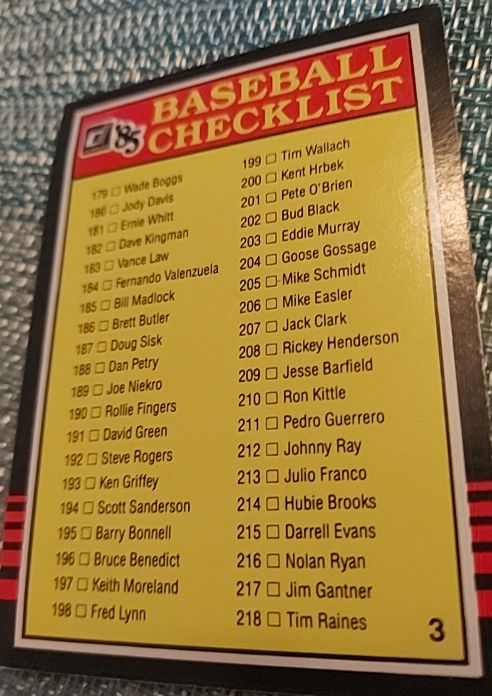 1985 Donruss #3 Baseball Checklist — front