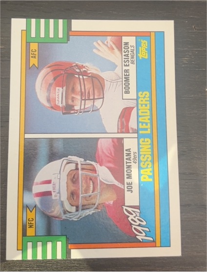 1990 Topps #229 1989 Passing Leaders Joe Montana / Boomer Esiason — front
