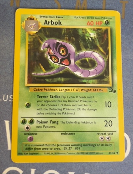 1999 Pokémon Fossil #31 Arbok — front