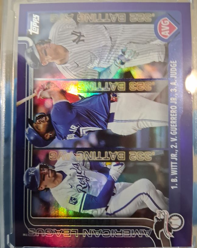 2025 Topps #345 American League Leaders AVG Bobby Witt Jr. / Vladimir Guerrero Jr. / Aaron Judge — front